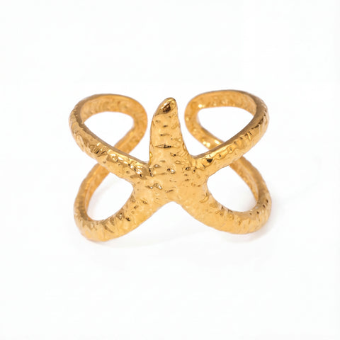 Textured gold starfish ring adjustable wrap band waterproof stainless steel.