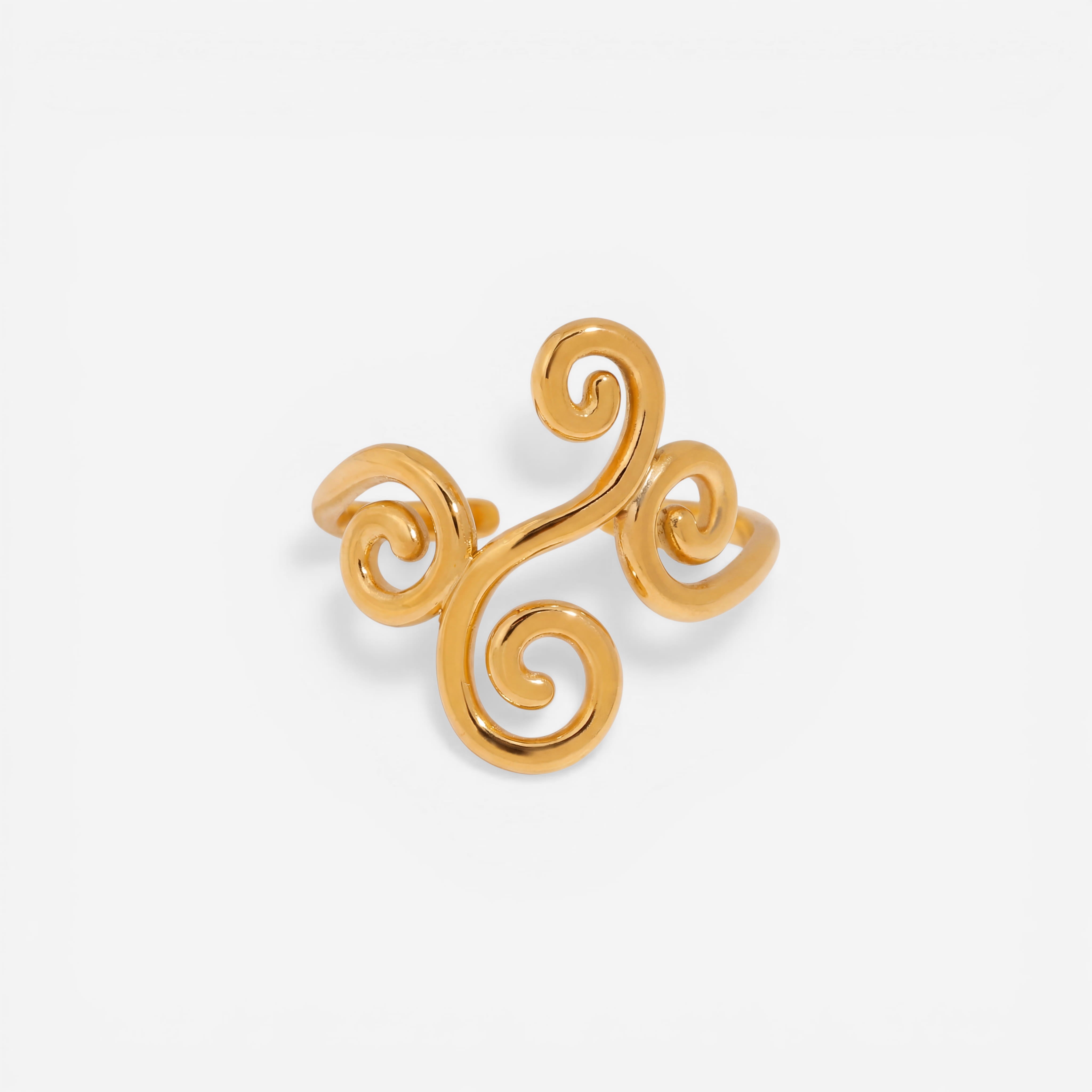 Gold ring with three spiral swirl design ancient greek style waterproof jewelry. Main image