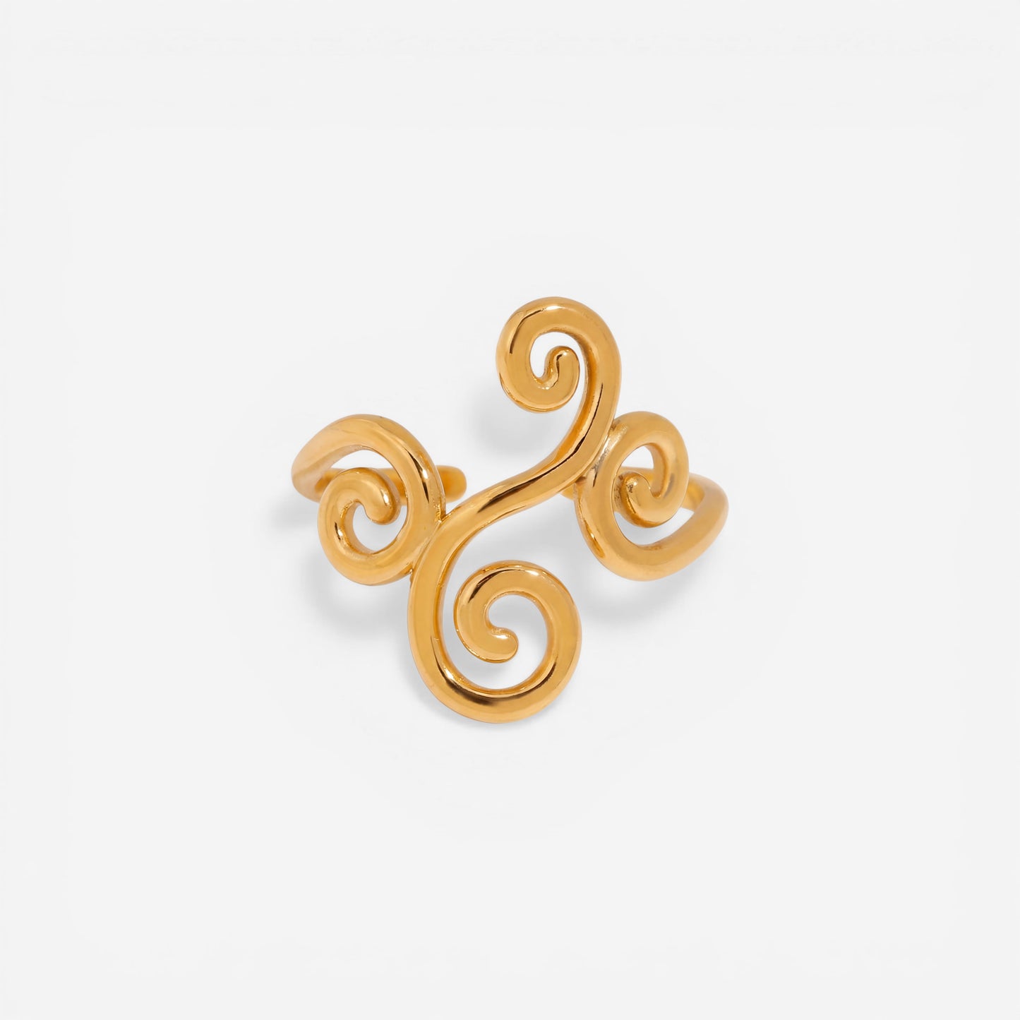 Gold ring with three spiral swirl design ancient greek style waterproof jewelry.