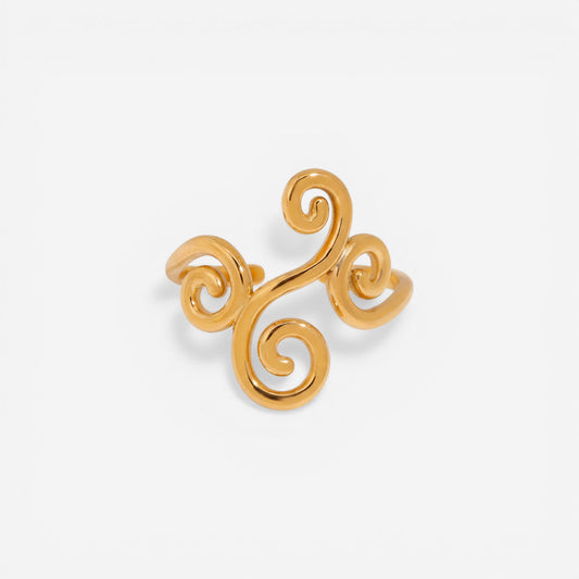 Gold ring with three spiral swirl design ancient greek style waterproof jewelry.
