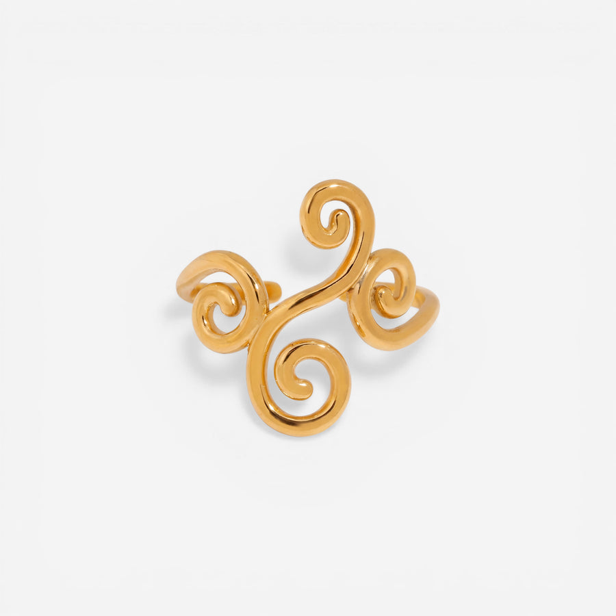 Gold ring with three spiral swirl design ancient greek style waterproof jewelry.