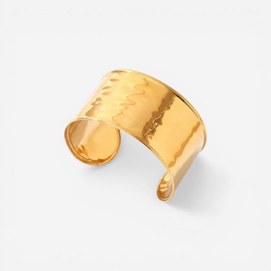 Wide gold hammered open cuff bracelet waterproof stainless steel.