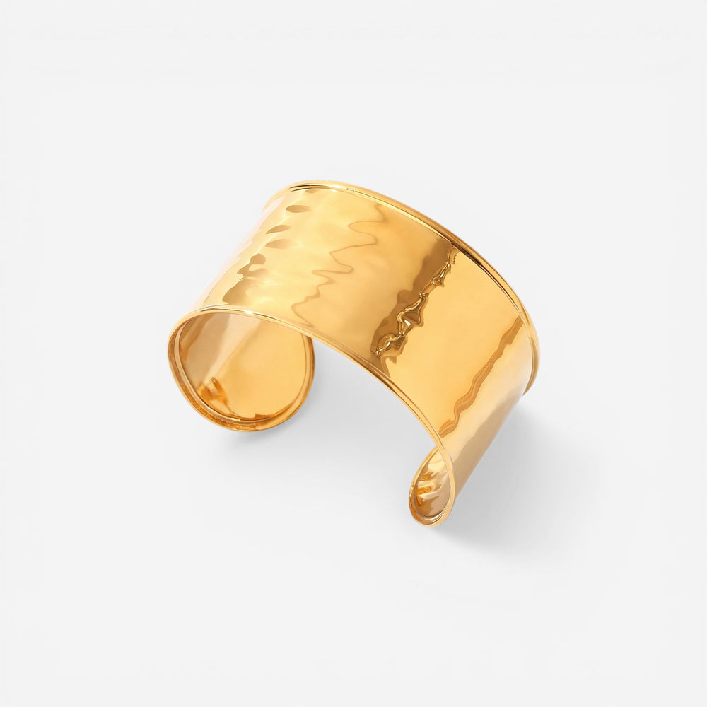 Wide gold hammered open cuff bracelet waterproof stainless steel.