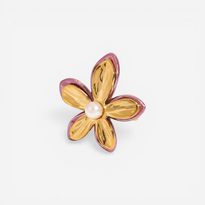 Gold orchid flower statement ring with pink enamel edges and pearl center waterproof.