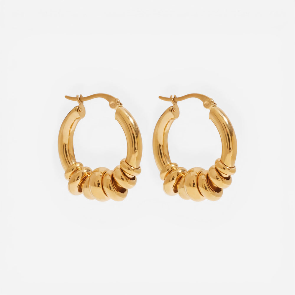 Solid gold stacked ring hoop earrings stainless steel chunky design.