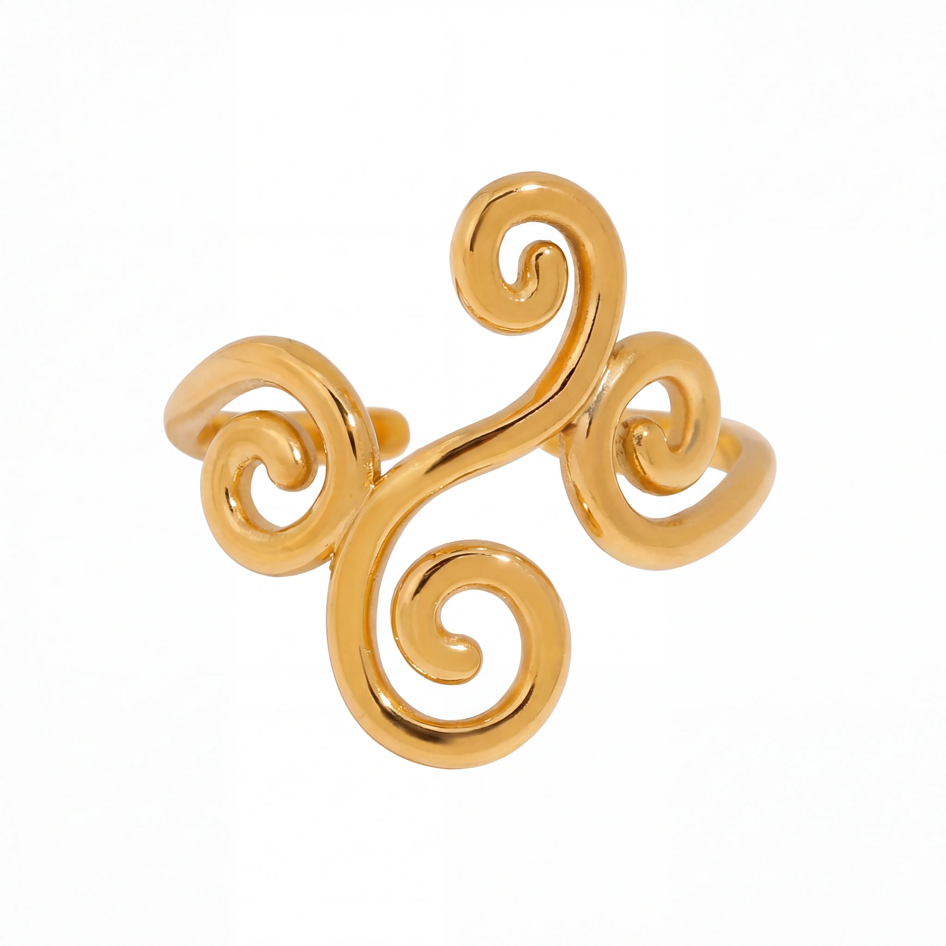 Gold ring with three spiral swirl design ancient greek style waterproof jewelry.