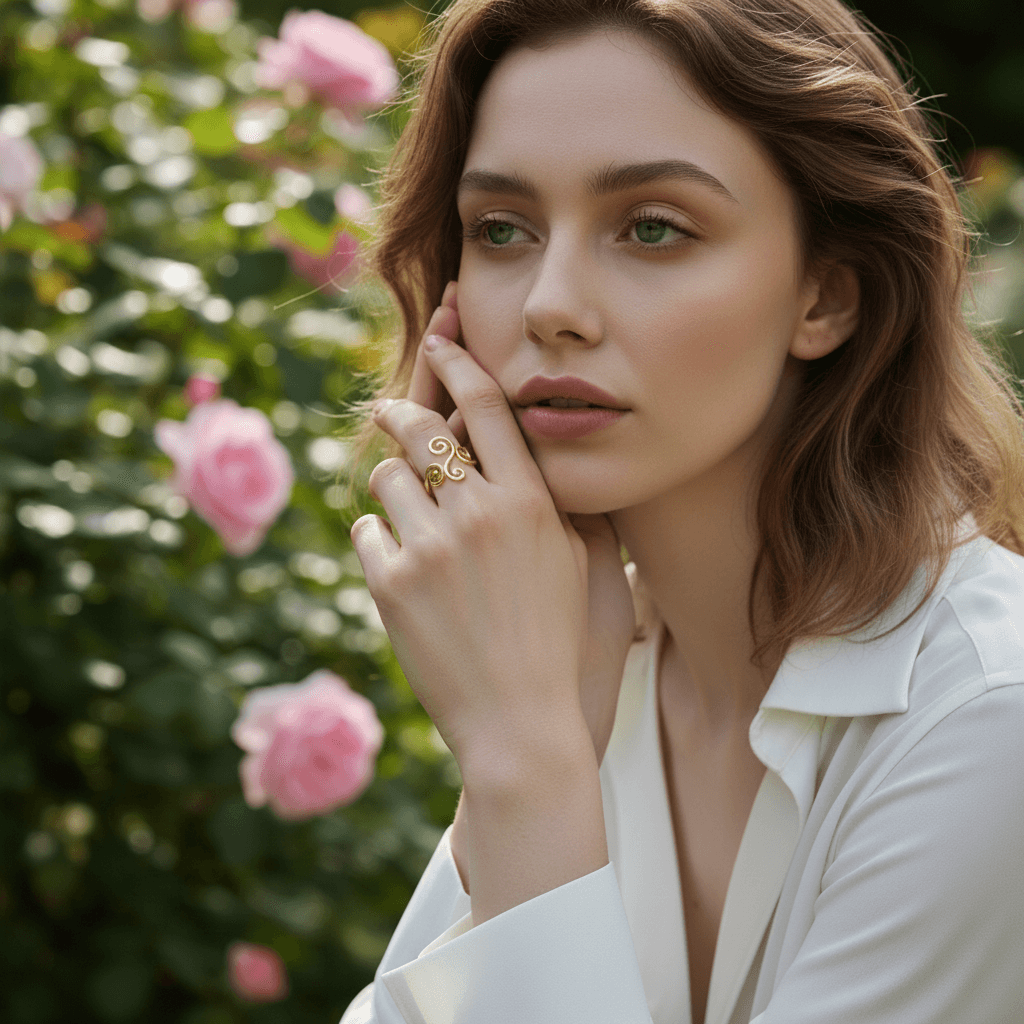 A close-up on the delicate lace cuff of a vintage-style blouse, with the model's hand positioned to feature The Aphrodite Ring. The ring's intricate filigree pattern beautifully echoes the delicate texture of the lace.