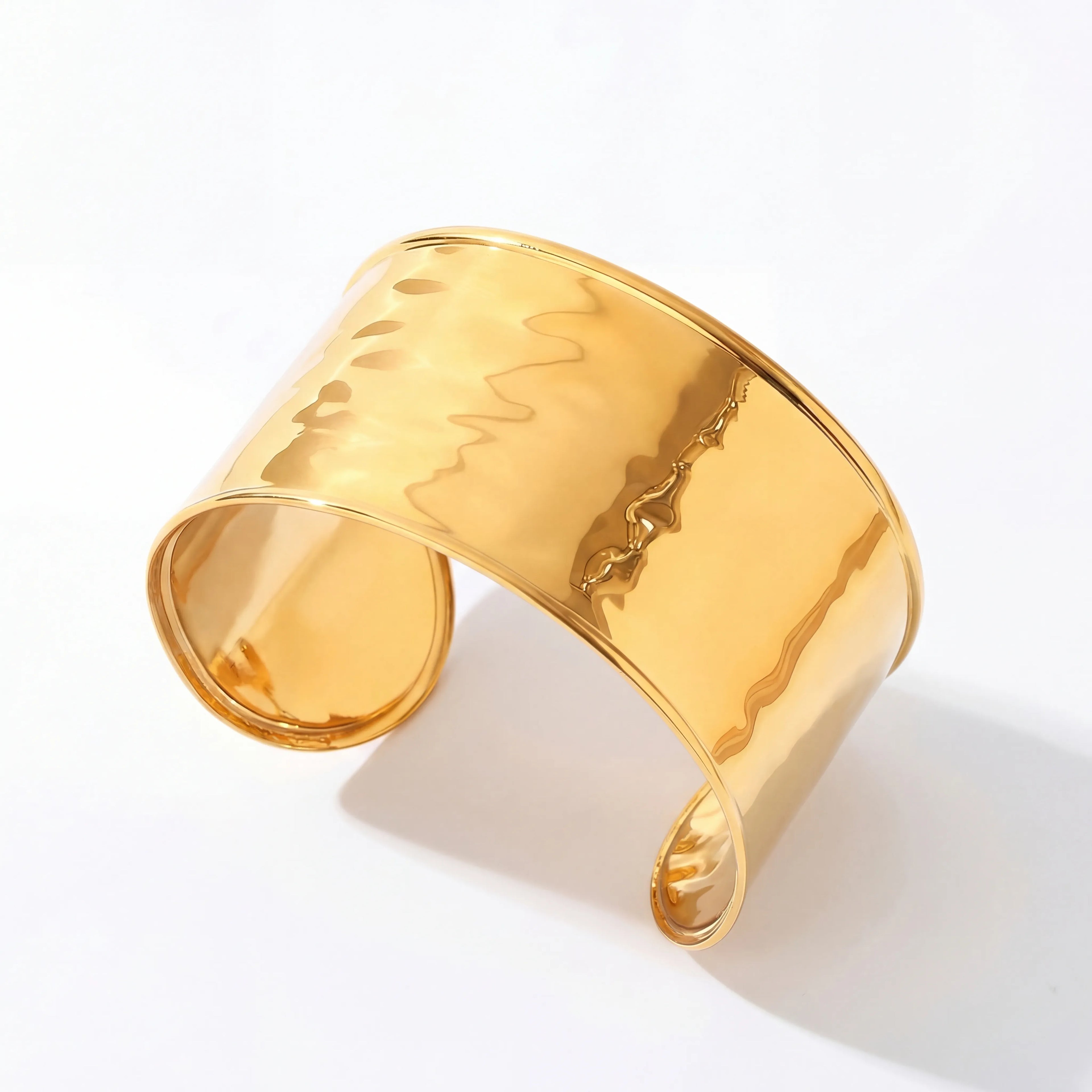 Wide gold hammered open cuff bracelet waterproof stainless steel.