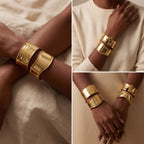 Lifestyle photography of woman wearing wide gold statement cuff bracelet boho style.