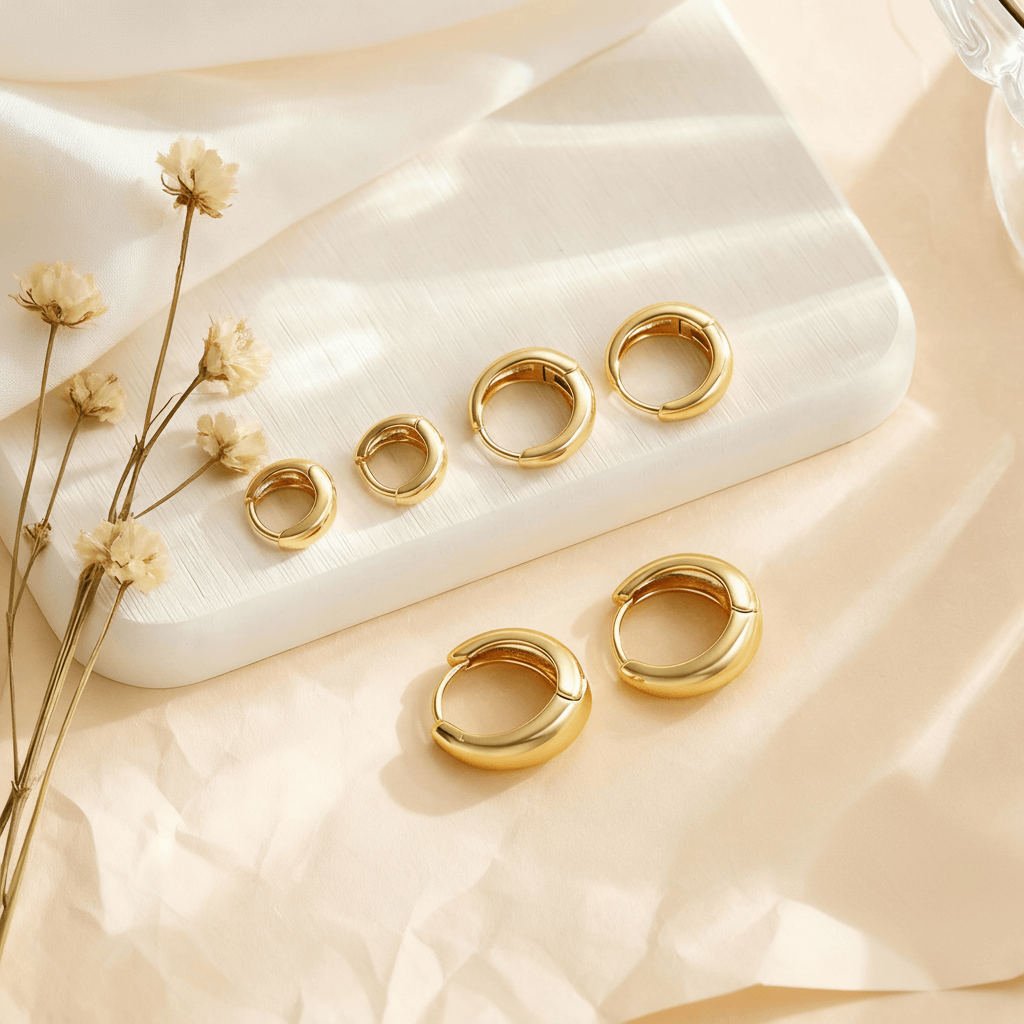 Three pairs of gold Capsule Hoops in graduating sizes (small, medium, large) arranged neatly on a textured white display stand with a silk background.