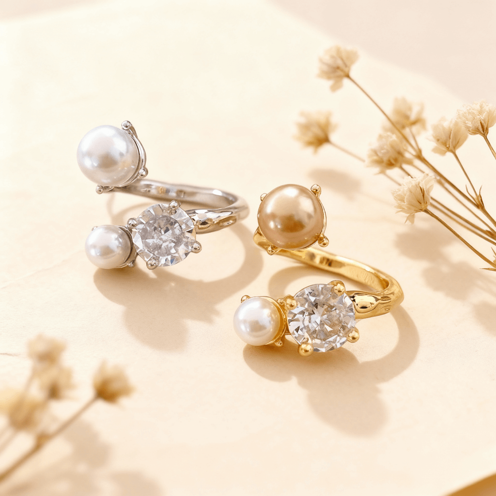 A gold and a silver version of The Celestial Ring displayed side-by-side on a neutral, textured brown surface. Each adjustable open ring features one large CZ crystal and two pearls in an asymmetrical design.