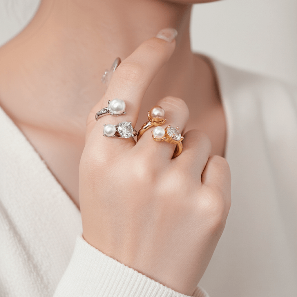 A close-up on the sleeve of a model's champagne-colored satin blouse, with her hand elegantly placed to showcase The Celestial Ring. The lustrous pearls on the ring perfectly complement the sheen of the satin.