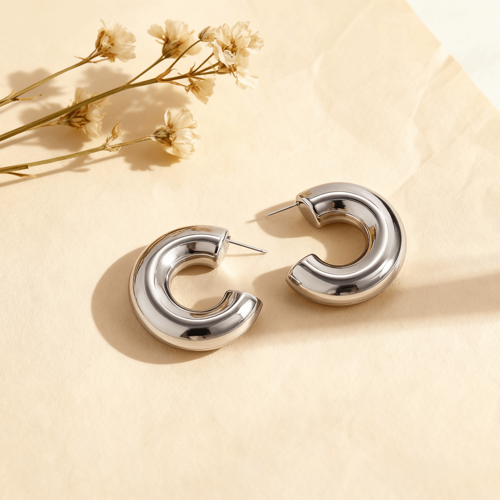Detail shot of the chunky silver Cloud Hoops, highlighting their smooth, polished surface and C-shape design.