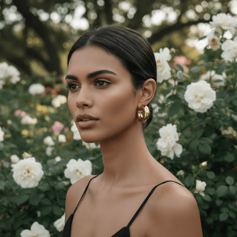 A model with natural makeup and a grey knit sweater wears the chunky gold Cloud Hoops. The earring's polished silver finish provides a cool, minimalist contrast to the soft texture of the sweater.