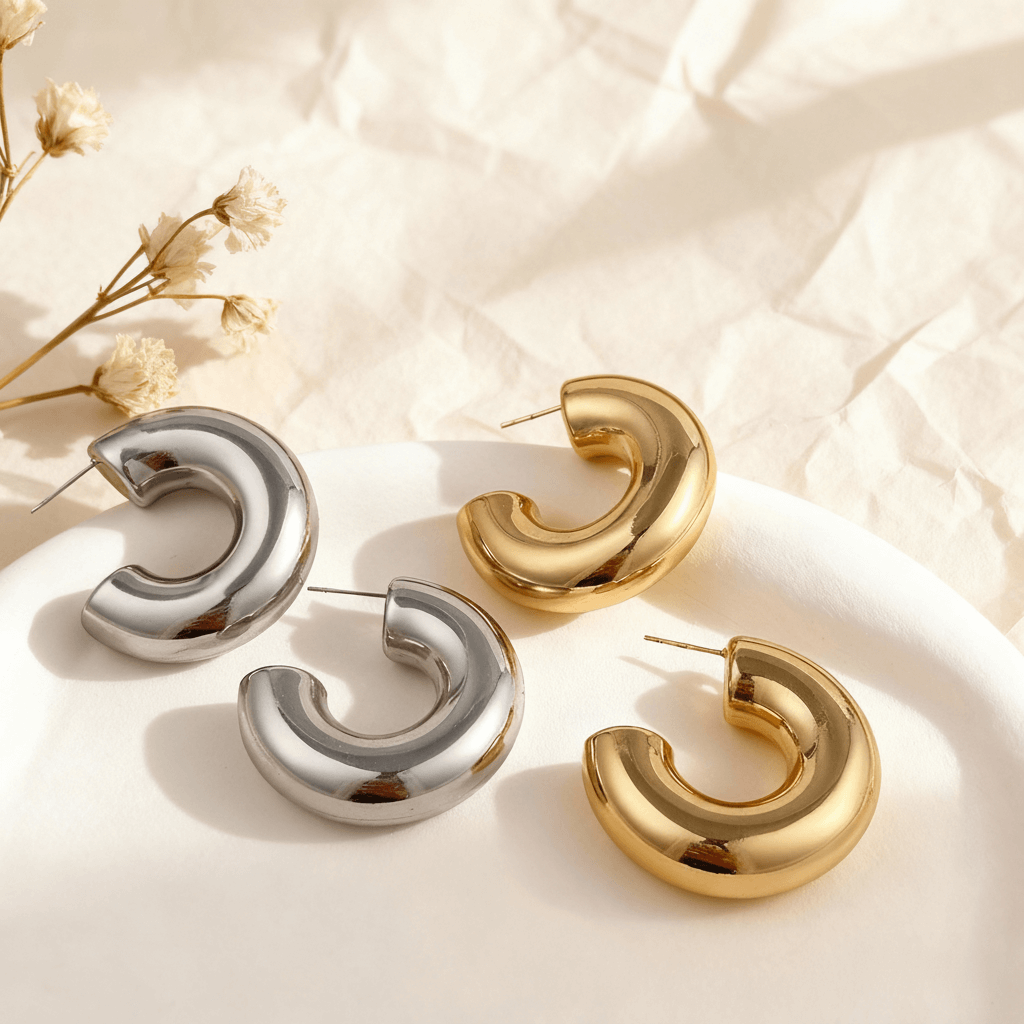 A pair of gold and a pair of silver Cloud Hoops, which are chunky, puffy C-shape earrings, displayed on a textured white and beige ceramic dish.