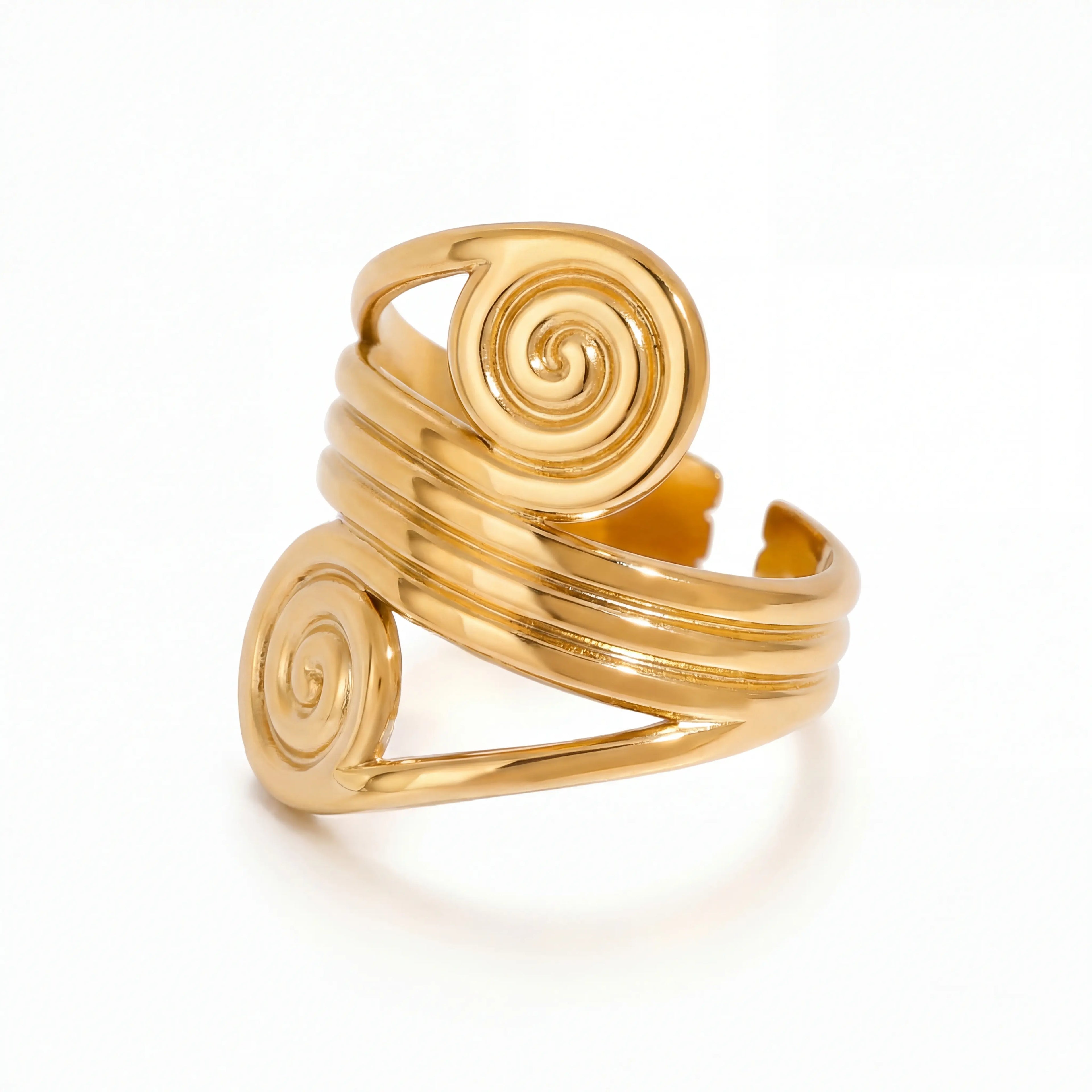 Gold double spiral coil ring adjustable open band waterproof stainless steel.