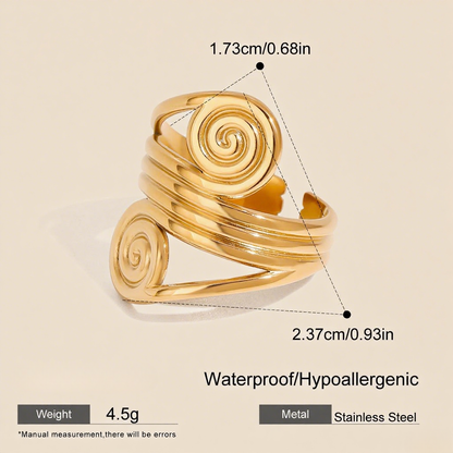 The Oracle Ring in 18k gold plate, a wide, adjustable cuff ring with a double spiral design. The image includes annotations for its dimensions, 4.5g weight, and materials (Waterproof, Hypoallergenic Stainless Steel).
