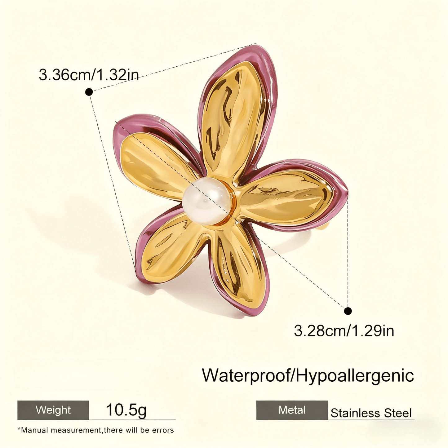 A view of The Orchid Ring from the back, showing the wide, polished gold open cuff that makes the ring adjustable. The ends are smoothly curved for a comfortable fit