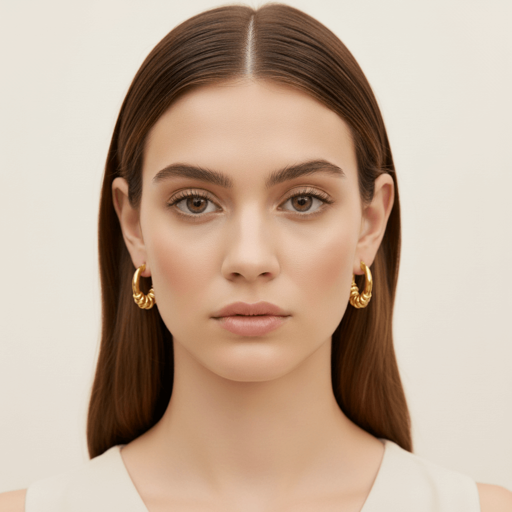 Model wearing the gold Siena Hoops to show their medium size and how they perfectly complement a modern, stylish look.