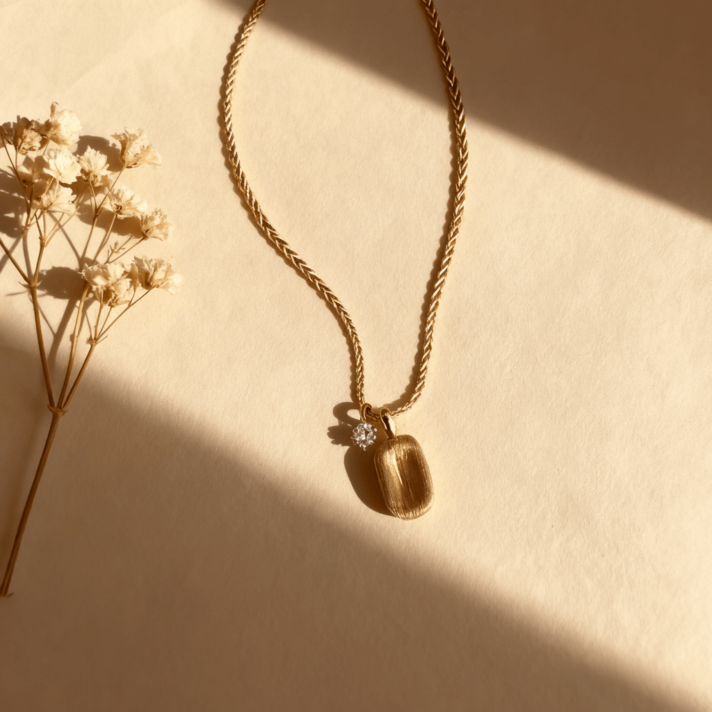 The Signature Necklace, featuring a rectangular brushed gold tag pendant and a small, asymmetrical CZ crystal charm on a delicate gold chain, displayed on a clean white background.