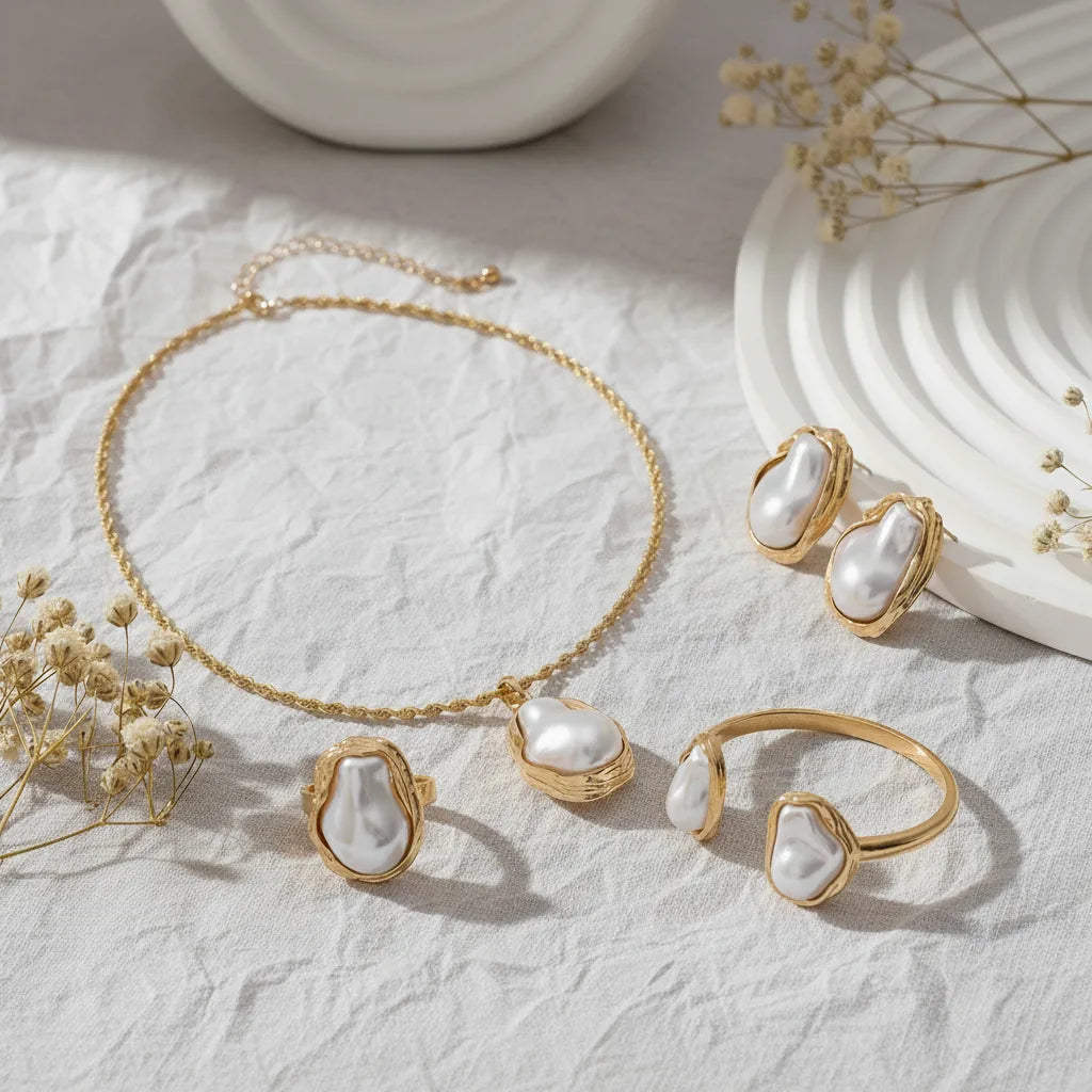 The complete Theia Goddess Set, featuring the necklace, the matching statement ring, and the earrings styled together to show a powerful, cohesive look.