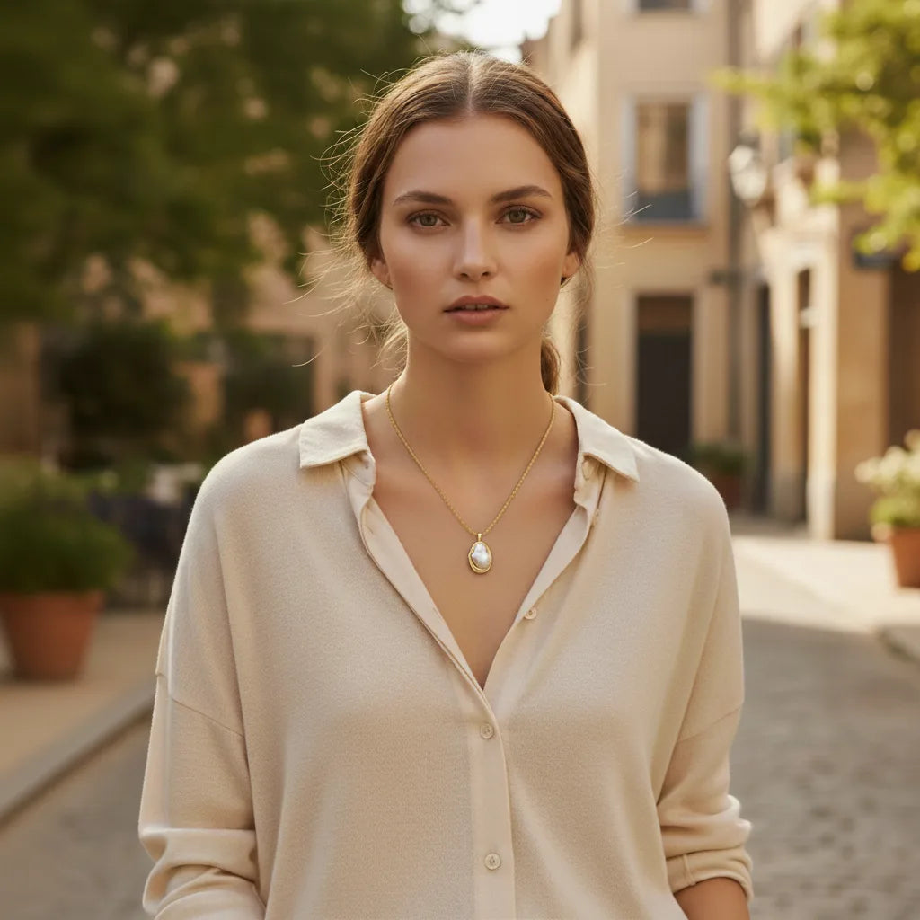 A chic model on a European street wearing The Theia Necklace, demonstrating its effortless elegance as a centerpiece for a casual, stylish outfit.