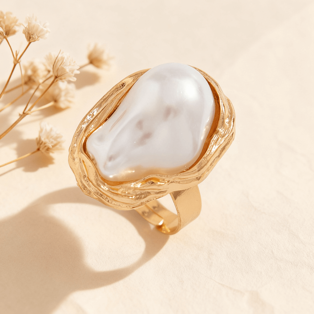 Close-up of The Theia Ring by Luminova, featuring a large, organic baroque pearl set in a textured, molten-style adjustable gold band."