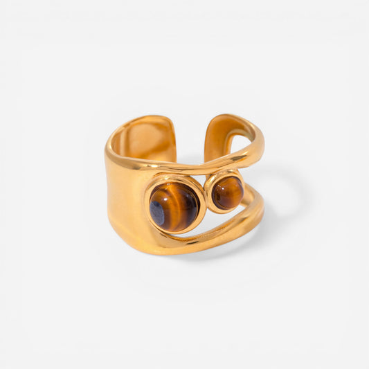Vintage style tiger's eye double stone ring gold stainless steel waterproof jewelry.
