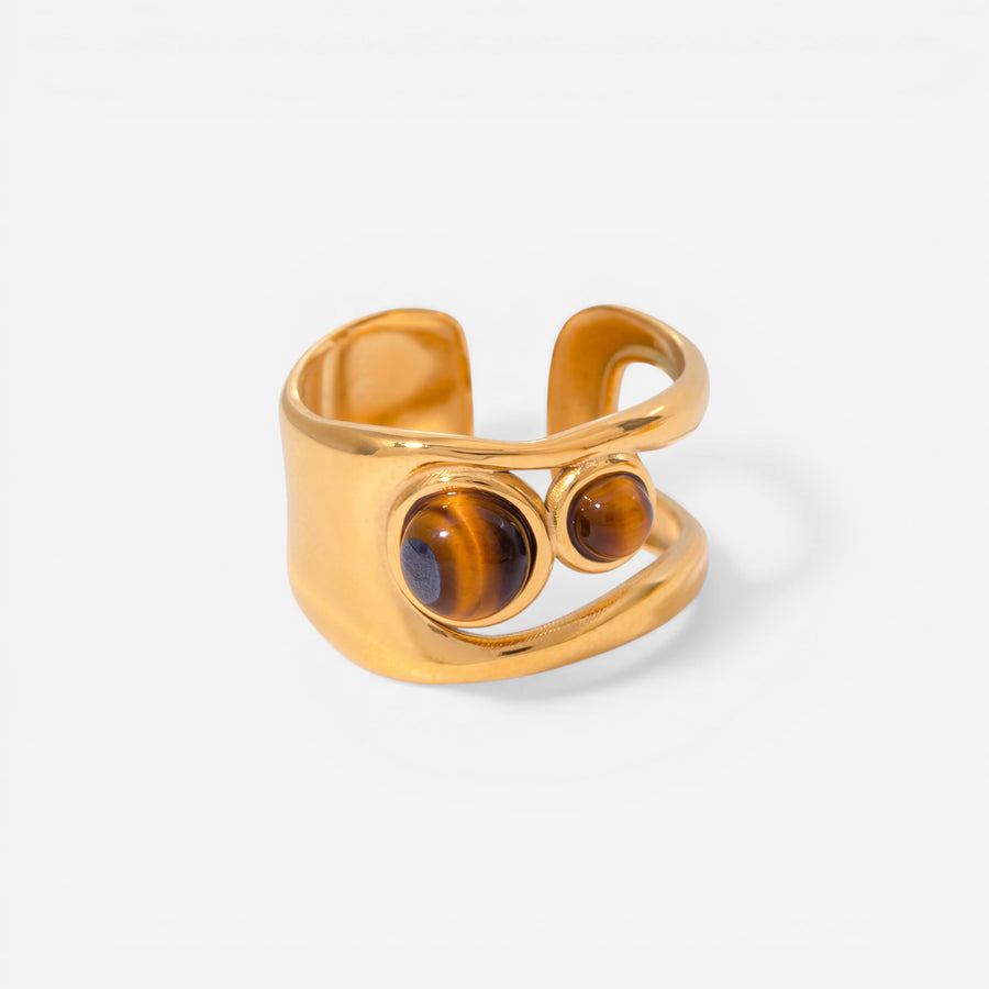 Vintage style tiger's eye double stone ring gold stainless steel waterproof jewelry.