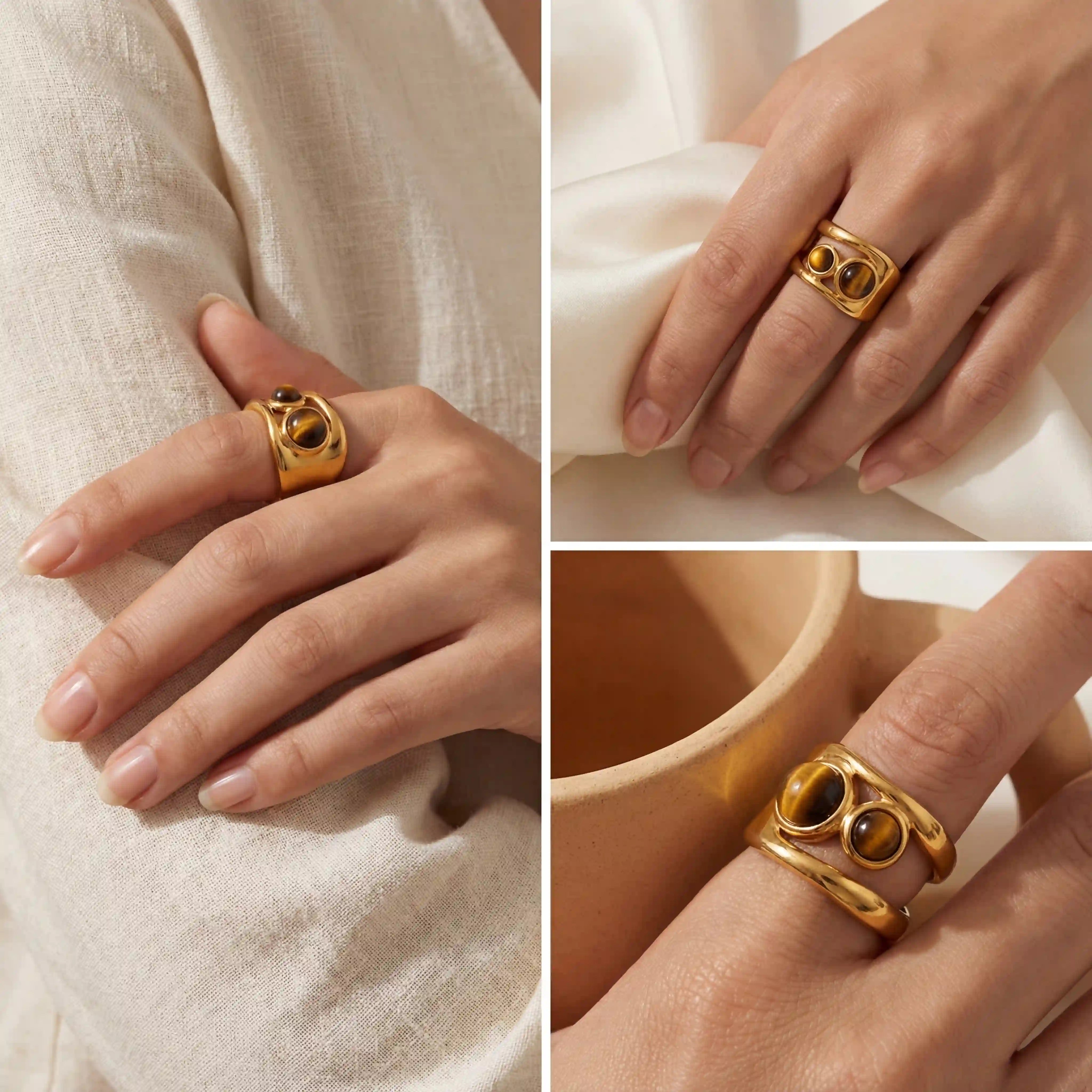 Lifestyle mood board of natural stone ring styling on woman hand.