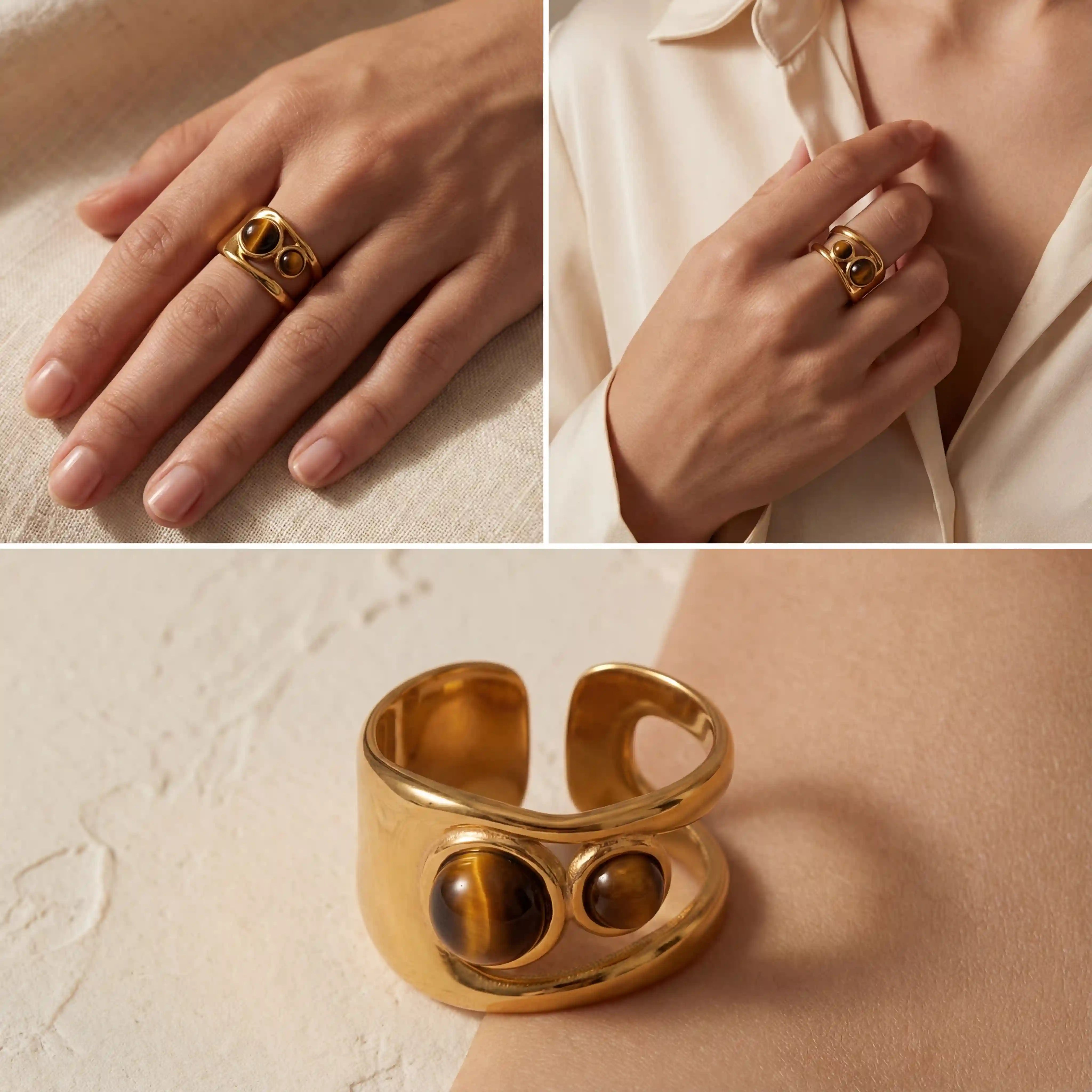 Close up collage of natural tiger's eye chatoyancy texture in gold ring.