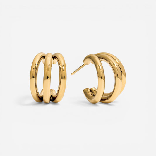 Gold triple band c-hoop earrings waterproof stainless steel 18k pvd coating.