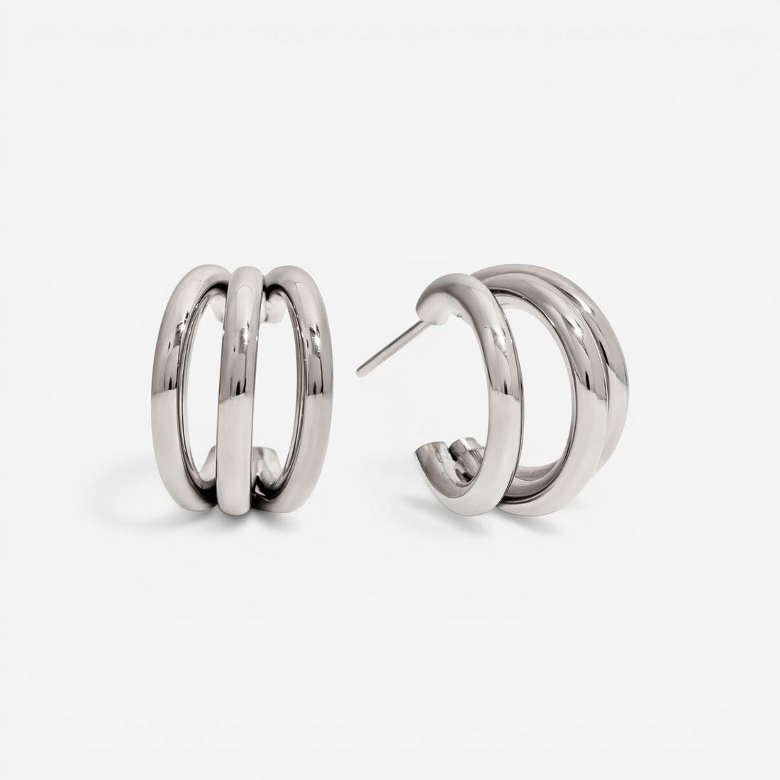 Silver triple layer illusion hoops polished stainless steel stack earrings for women.