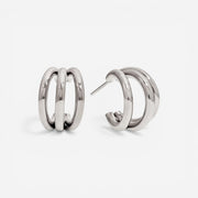 Silver triple layer illusion hoops polished stainless steel stack earrings for women.