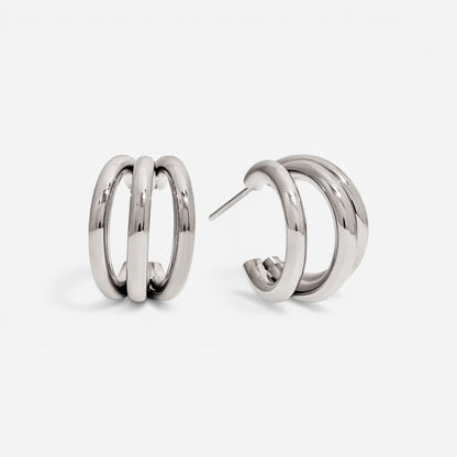 Silver triple layer illusion hoops polished stainless steel stack earrings for women.
