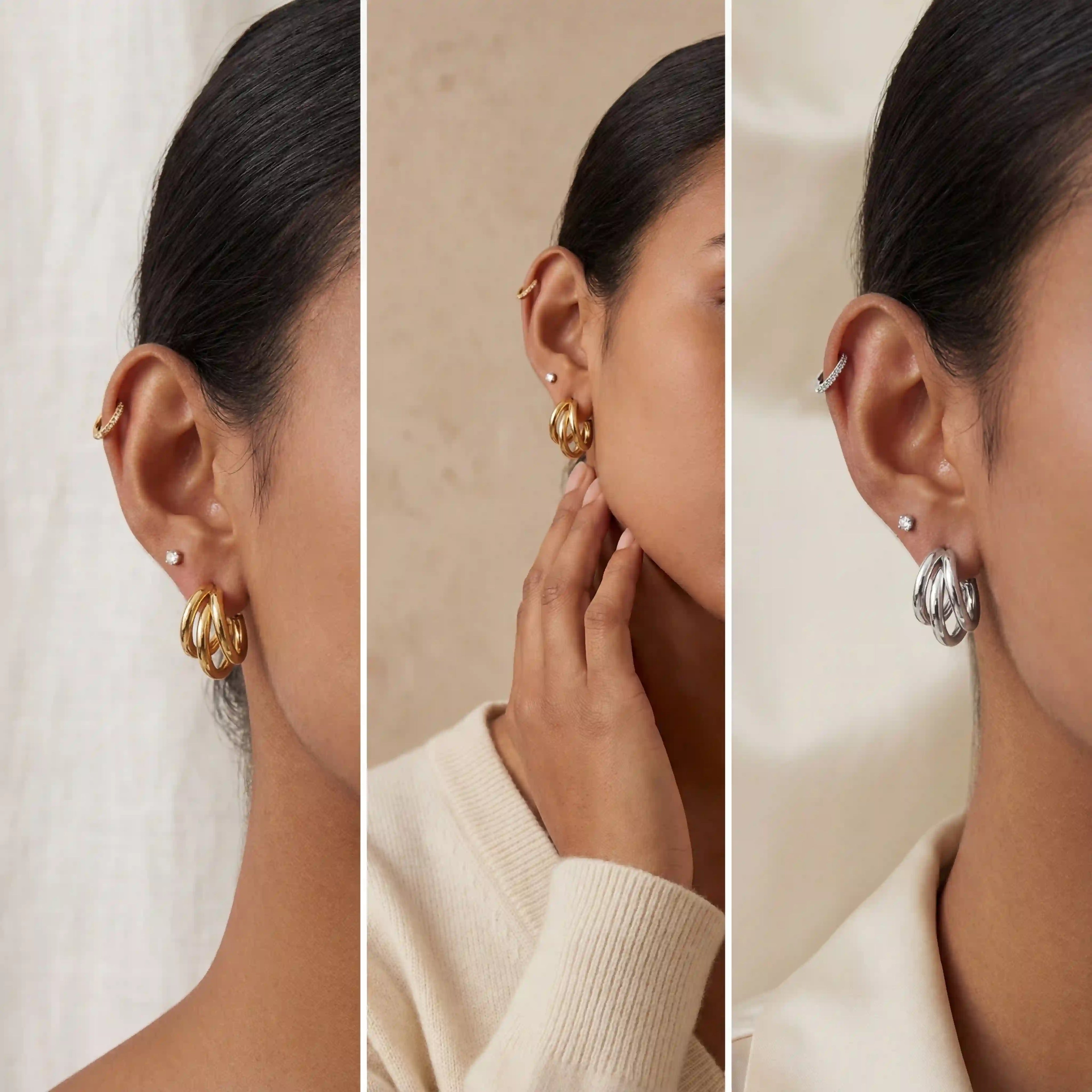 Dark hair model styling silver and gold triple band hoops everyday jewelry look.
