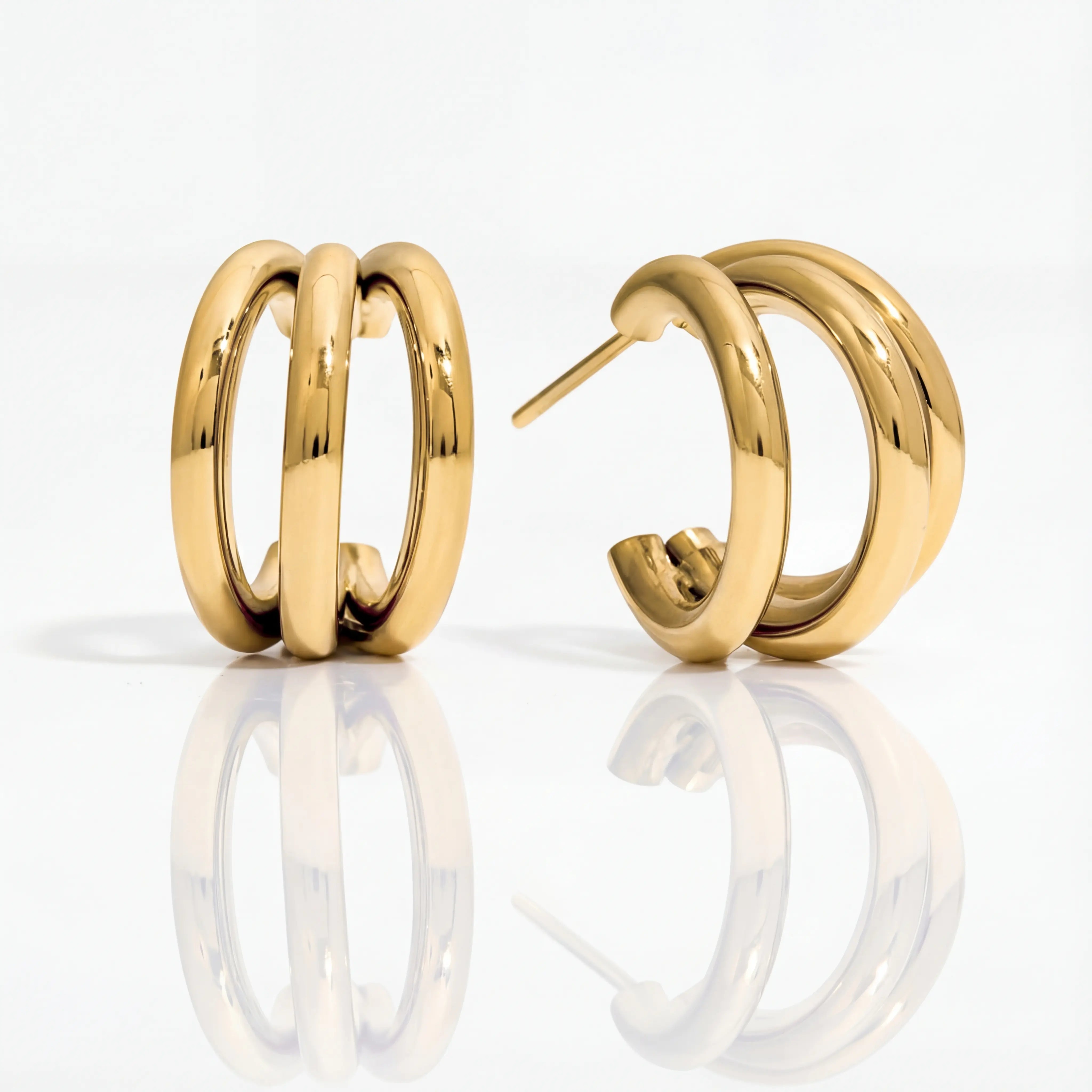 Gold triple band c-hoop earrings waterproof stainless steel 18k pvd coating.