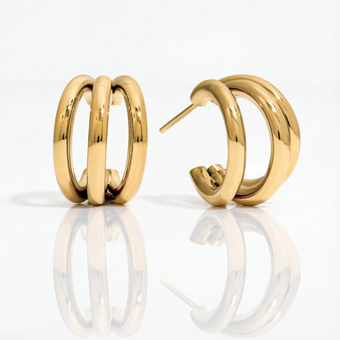 Gold triple band c-hoop earrings waterproof stainless steel 18k pvd coating.
