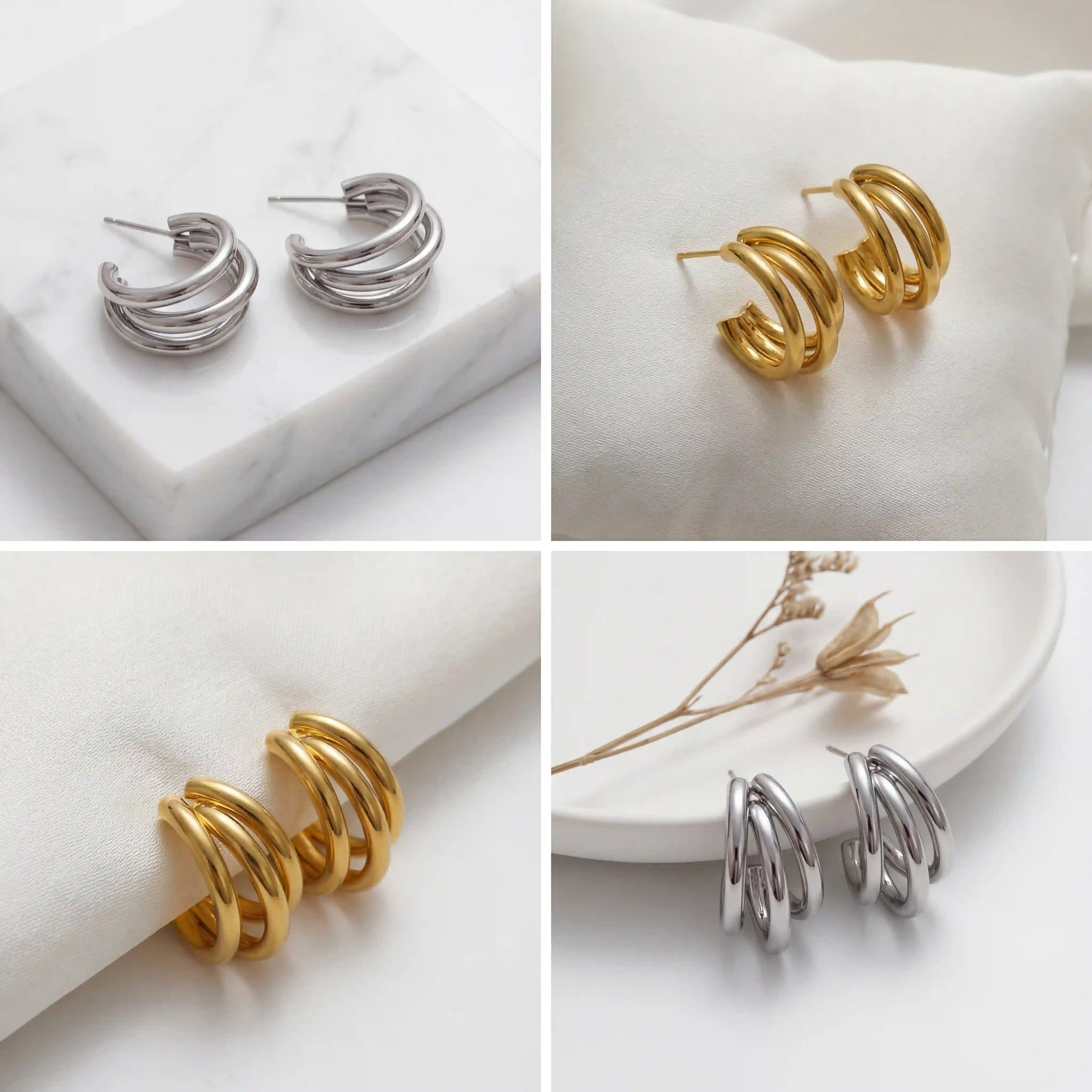 Aesthetic flat lay collage of chunky gold and silver triple hoop earrings on marble.