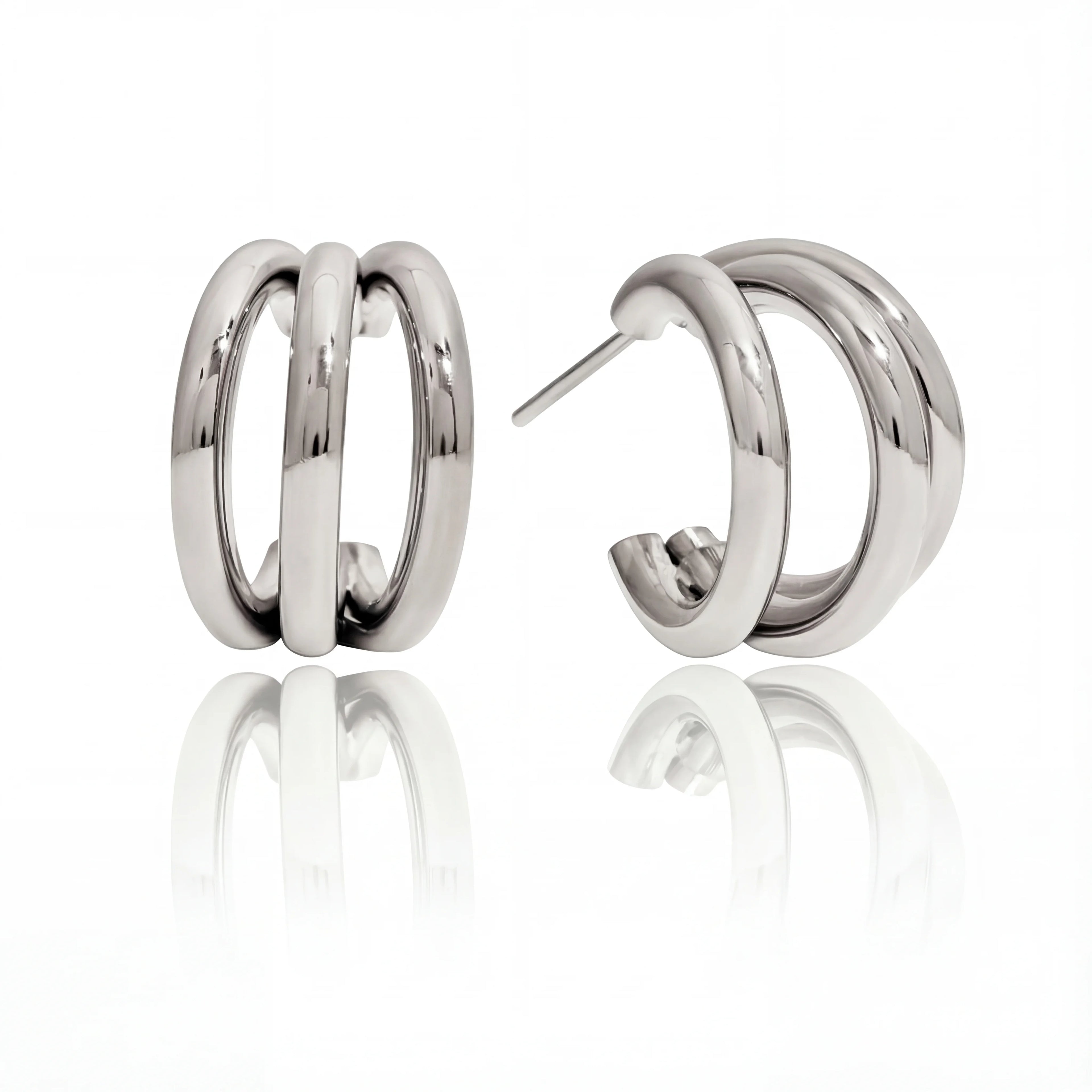 Silver triple layer illusion hoops polished stainless steel stack earrings for women.