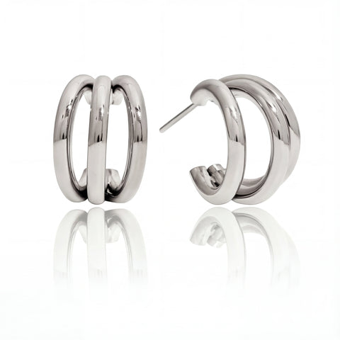 Silver triple layer illusion hoops polished stainless steel stack earrings for women.