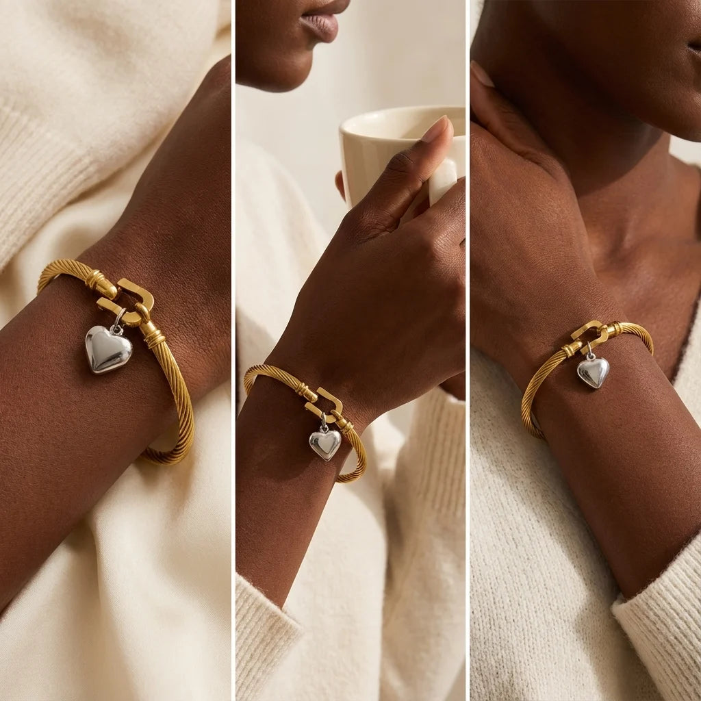 Fashion photography collage of gold cable heart bracelet on dark skin model holding coffee.