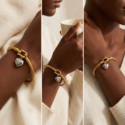 Fashion photography collage of gold cable heart bracelet on dark skin model holding coffee.
