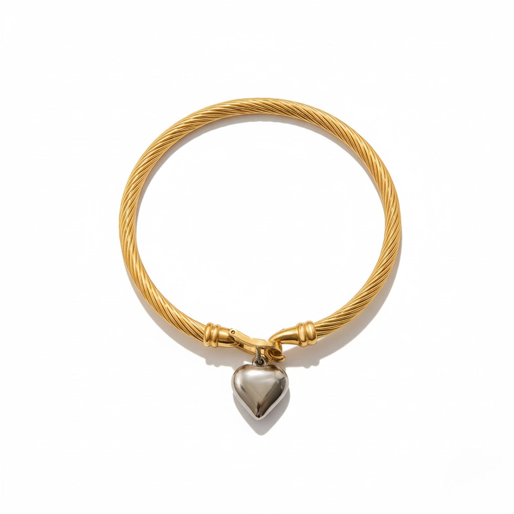 Twisted cable heart bangle bracelet mixed metal gold and silver stainless steel.