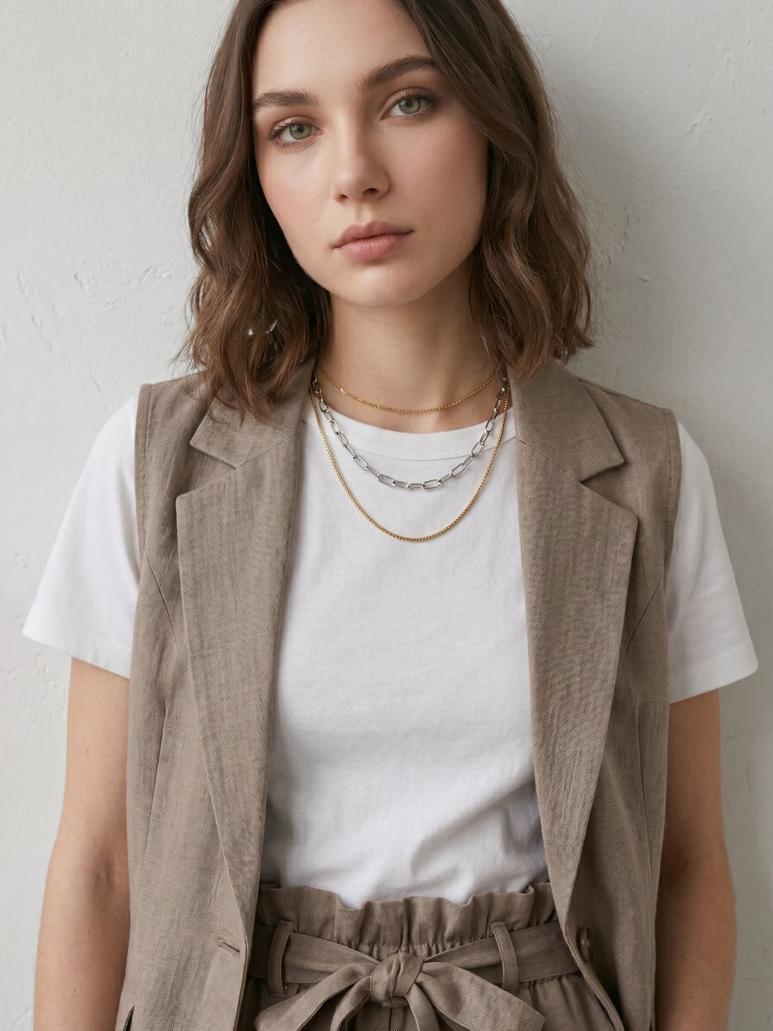 Everyday outfit with two-tone mixed chain layered necklace