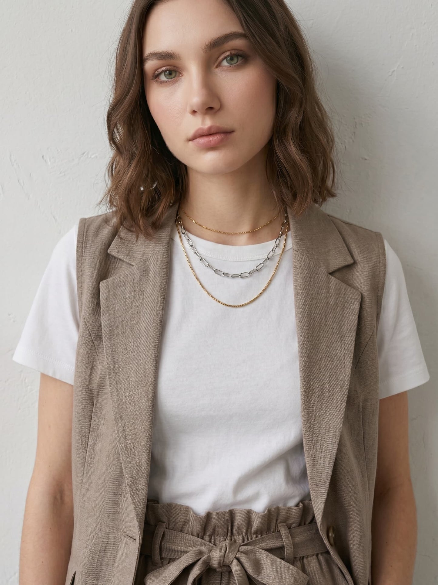 Everyday outfit with two-tone mixed chain layered necklace