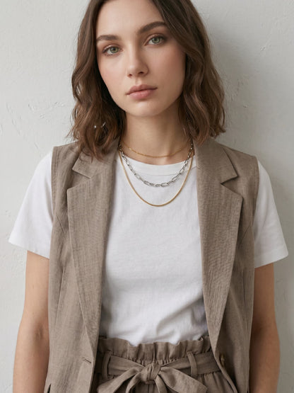 Everyday outfit with two-tone mixed chain layered necklace