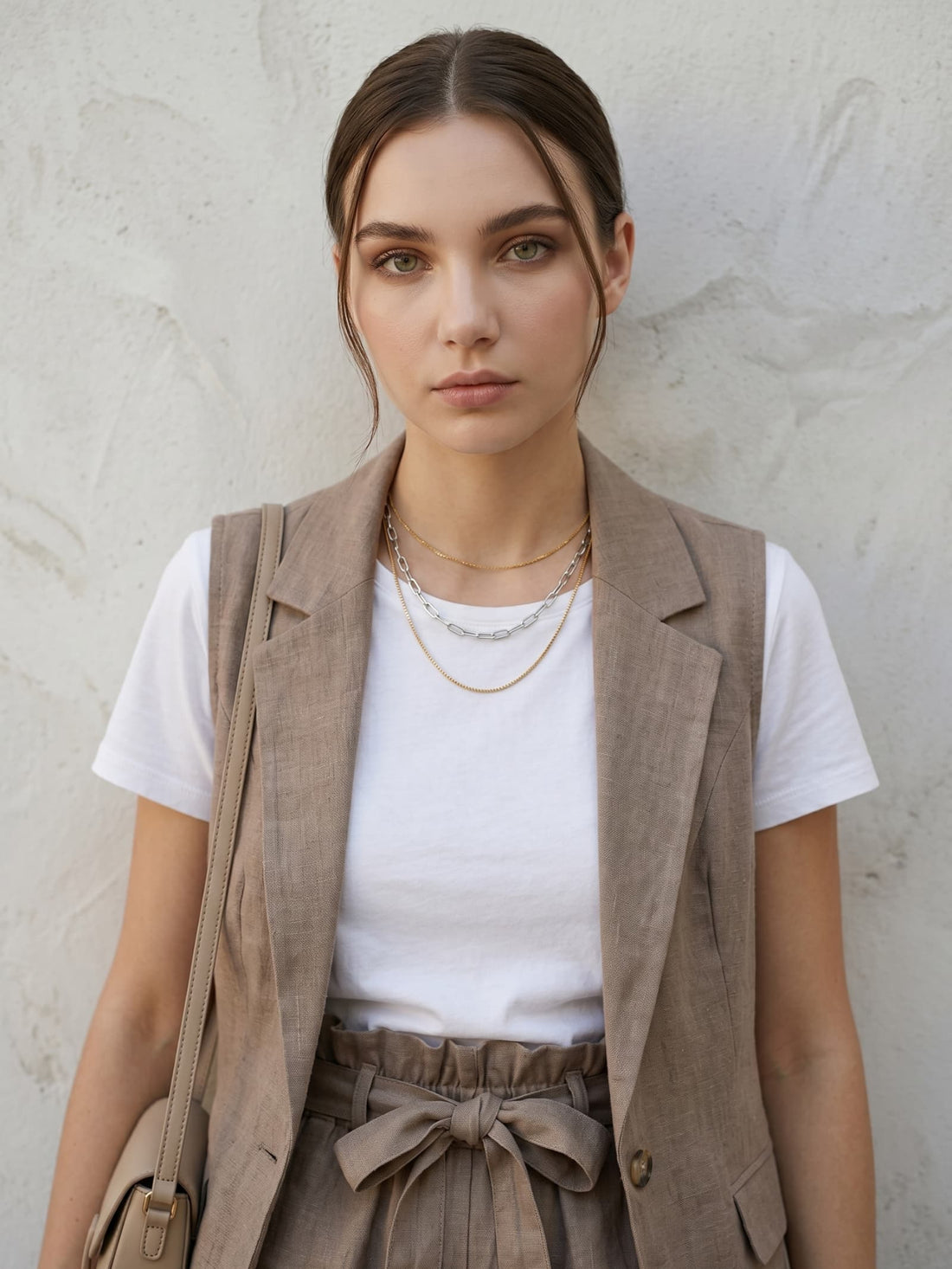 Waterproof two-tone gold and silver layered necklace worn by model