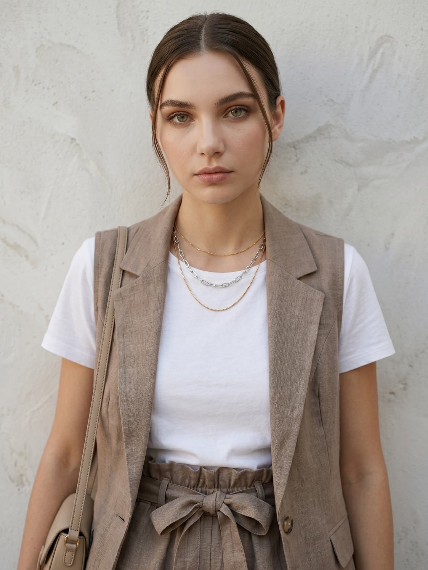 Waterproof two-tone gold and silver layered necklace worn by model