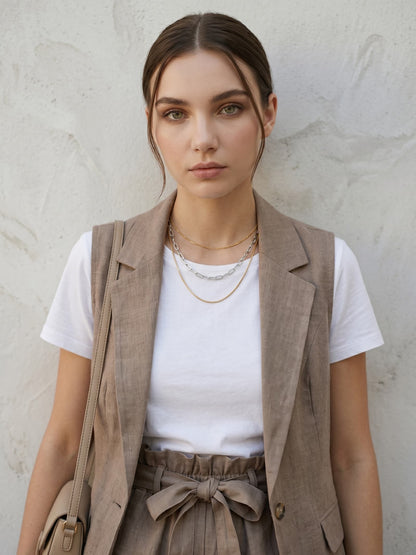 Waterproof two-tone gold and silver layered necklace worn by model